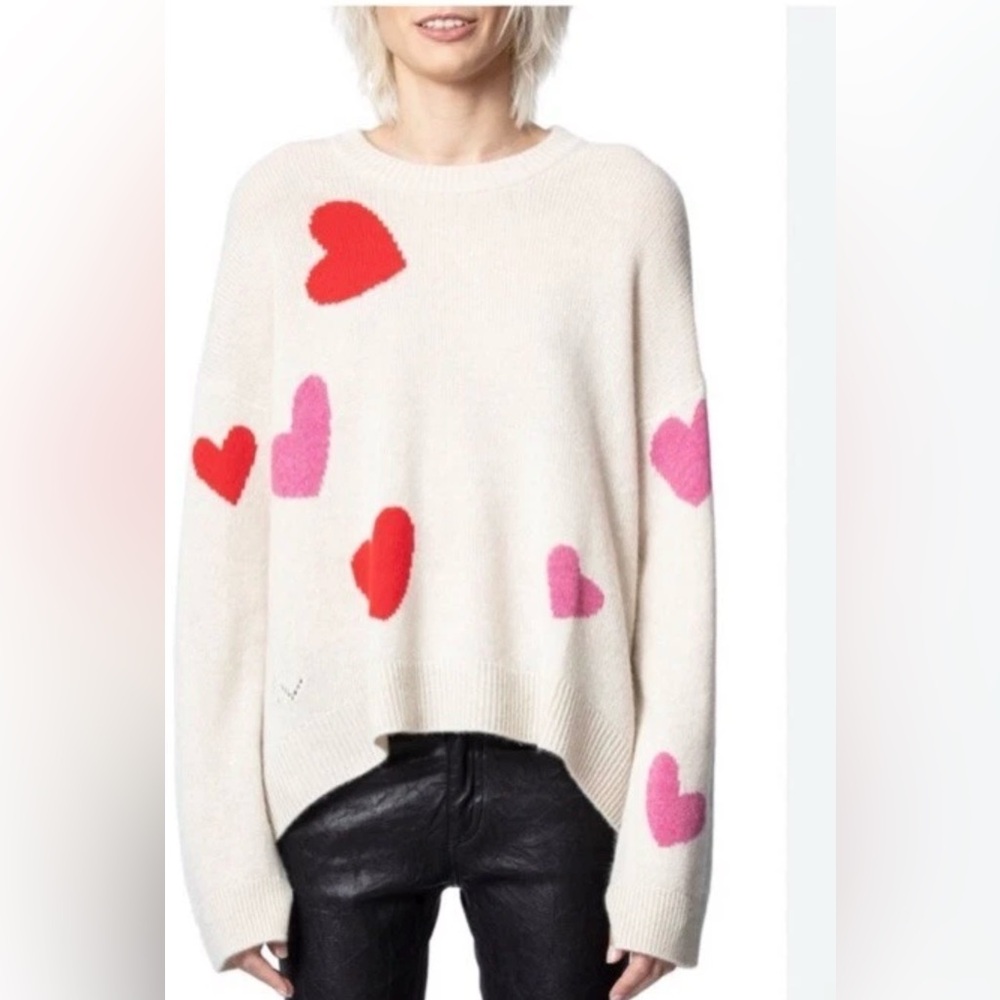 ZADIG VOLTAIRE Markus Cashmere Sweater Cream with Red and Pink Hearts EUC small
